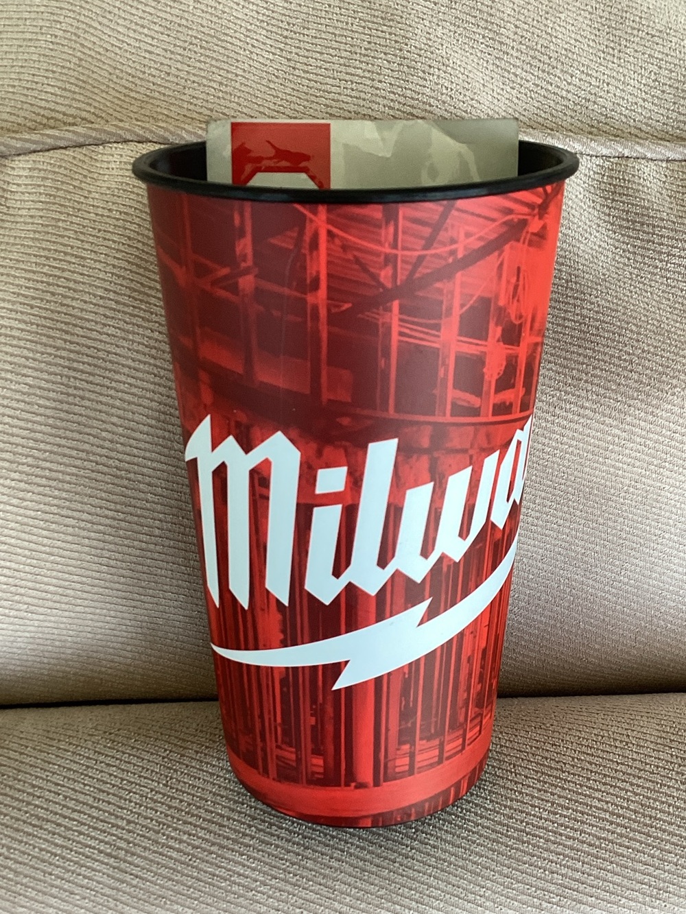 Milwaukee Red Logo Travel Tumbler with sticker